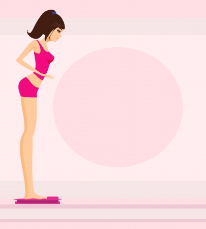 beautiful slim brunette checking her weight on scales のイラスト素材