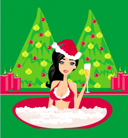 Woman in santa hat relax in bath. Christmas concept. のイラスト素材