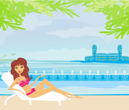 vector image of girl and tropical pool のイラスト素材