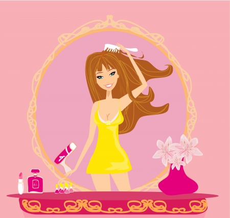 beautiful woman drying her hair by dryer のイラスト素材