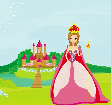 Beautiful queen in front of her castle のイラスト素材