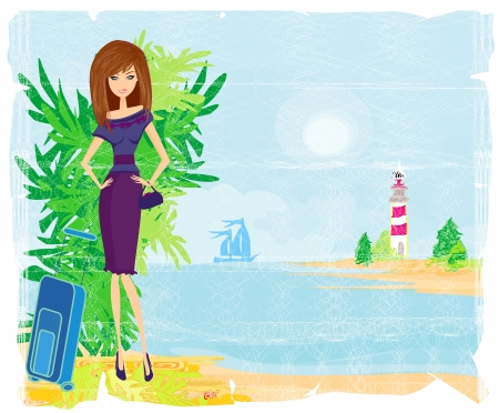 Grunge banner with palm trees and travel girl のイラスト素材