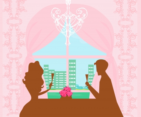  Young couple flirt and drink champagne - invitation card のイラスト素材