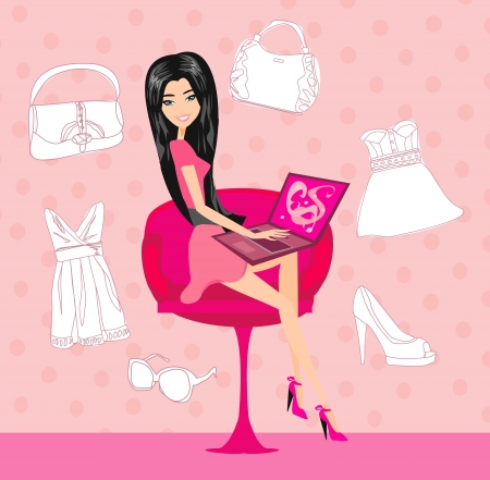  women purchasing product online using her laptop computer のイラスト素材