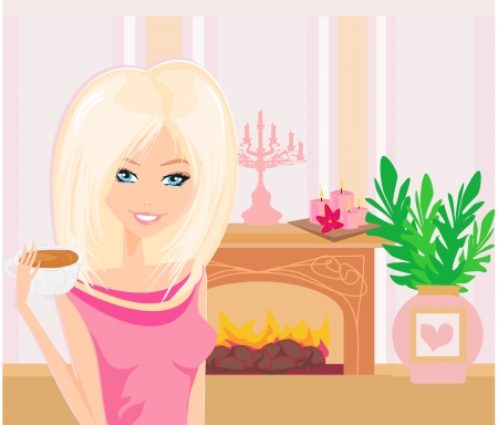 girl drinking coffee in an elegant roomのイラスト素材