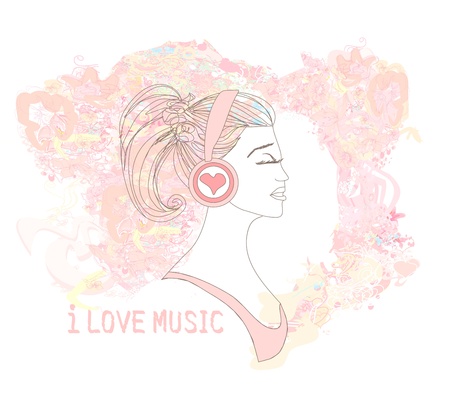 Beautiful young woman in headphones listening to music, abstract backgroundのイラスト素材