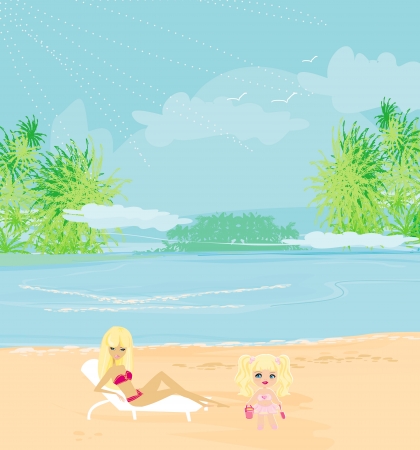 young mother and her daughter at beach のイラスト素材