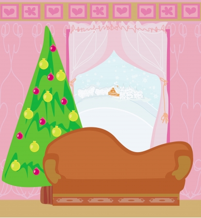 Fashionable interior of living room with Christmas treeのイラスト素材