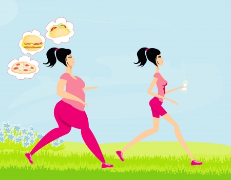 Young woman jogging,fat girl dreams of unhealthy eating, skinny girl drinks mineral waterの写真素材