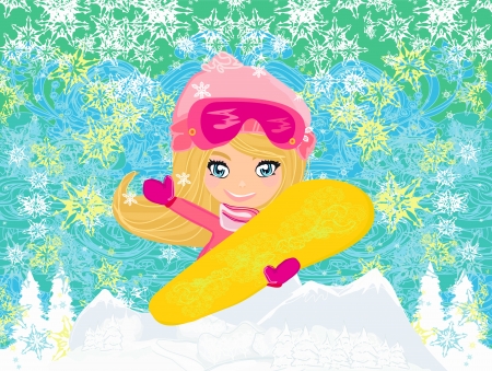Girl with the snowboard , abstract backgroundのイラスト素材