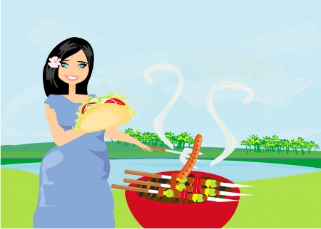 Woman cooking on a grill のイラスト素材