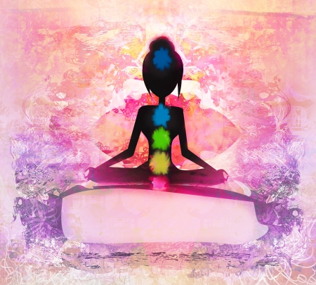  Yoga lotus pose. Padmasana with colored chakra points. の写真素材