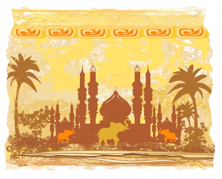 India background,elephant , building and palm trees のイラスト素材