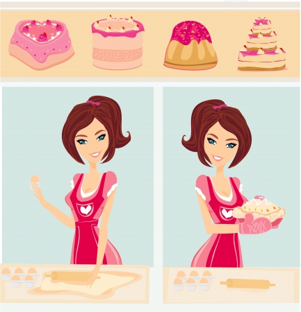 housewife bakes cakes and cookiesのイラスト素材