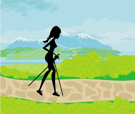 Nordic walking - girl exercising in the mountainsのイラスト素材