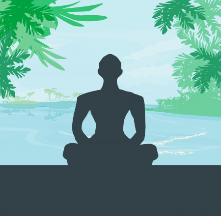 Yoga meditation silhouette by man at palms, ocean and sunset sky backgroundのイラスト素材