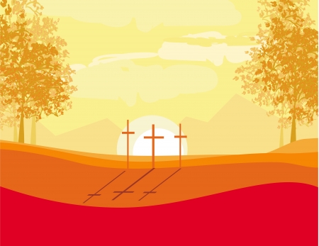 crosses on a hill at sunset vector background concept landscape のイラスト素材