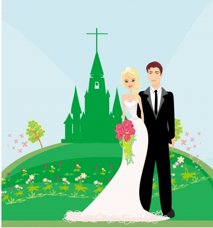 wedding couple in front of a church のイラスト素材