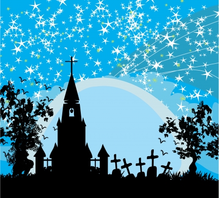 Halloween background with a church and Cemeteryのイラスト素材