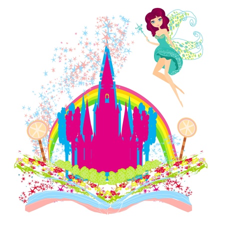  Magic world of tales, fairy castle appearing from the book のイラスト素材