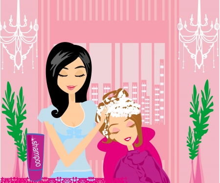 Barber washing hair to her clientのイラスト素材