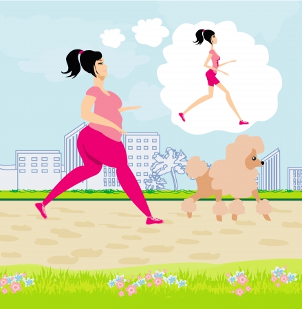 Young woman jogging,fat girl dreams to be a skinny girl のイラスト素材
