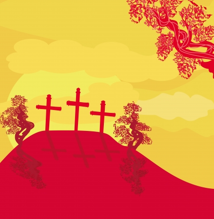 crosses on a hill at sunset vector background concept landscape のイラスト素材