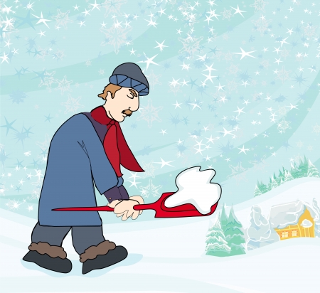 Man shoveling snow from street in winter のイラスト素材