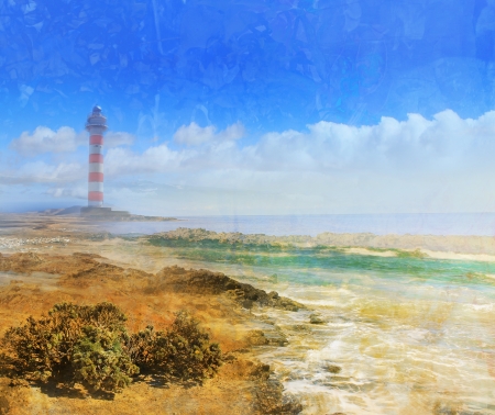 Day view of a old lighthouse on a rock island, grunge textureの写真素材