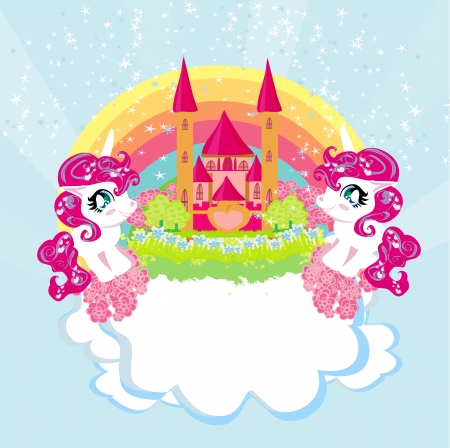 Card with a cute unicorns rainbow and fairy-tale princess castleのイラスト素材