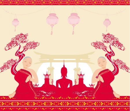 Silhouette of a Buddha,Asian landscape and praying monksのイラスト素材