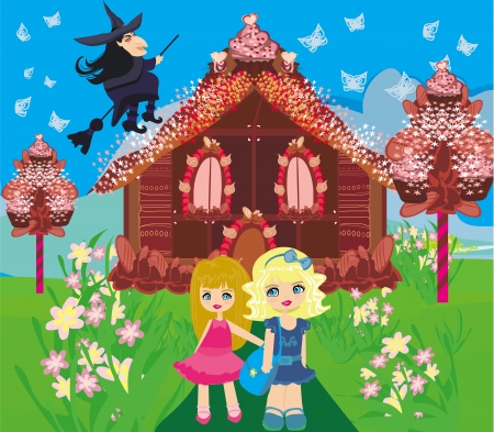 gingerbread house , children and witchのイラスト素材