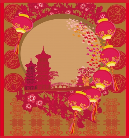 Chinese New Year card - Traditional lanterns and Asian buildings のイラスト素材