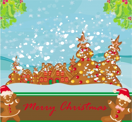 christmas card with a ginger-bread and funny landscapeのイラスト素材