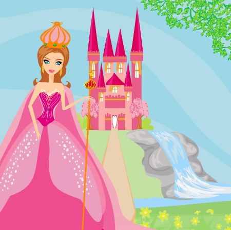 Beautiful young queen in front of her castle のイラスト素材
