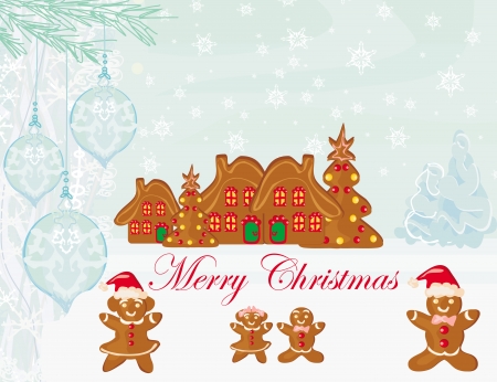 christmas card with a ginger-bread and funny landscapeのイラスト素材