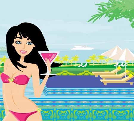 beautiful brunette in a bikini on a tropical vacationのイラスト素材