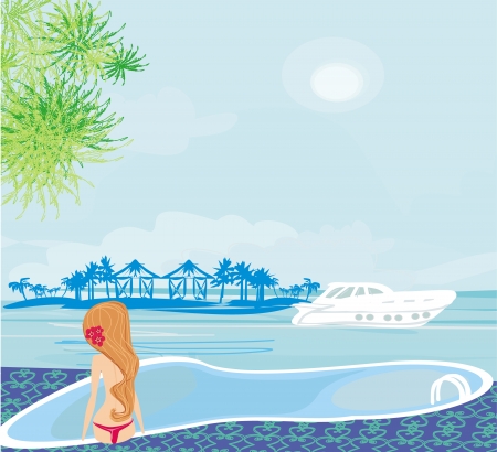 Woman by the swimming pool at luxury tropical resort のイラスト素材