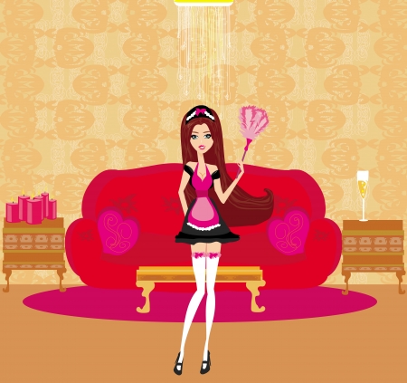 Sexy pinup style french maid cleans the room のイラスト素材