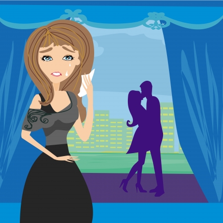 crying girl looks out the windowのイラスト素材