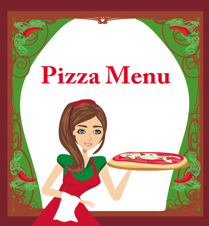 smiling waitress serving pizza , menu cardのイラスト素材