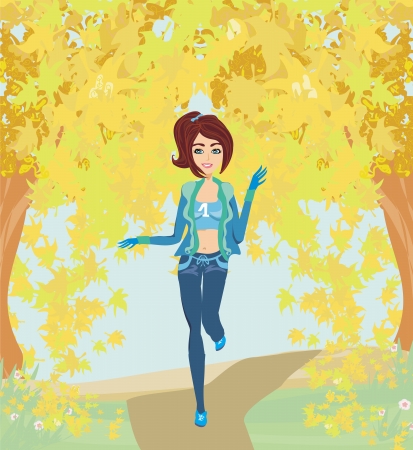 girl running in the park, autumn landscapeのイラスト素材