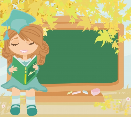green chalkboard with autumn leaves and schoolgirl with bookのイラスト素材