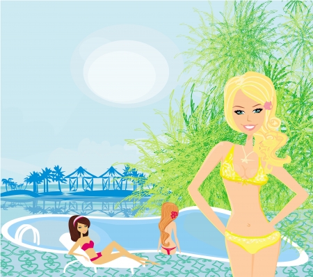 girls and tropical pool のイラスト素材