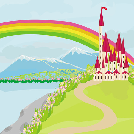 beautiful landscape with a castle on the lakeのイラスト素材