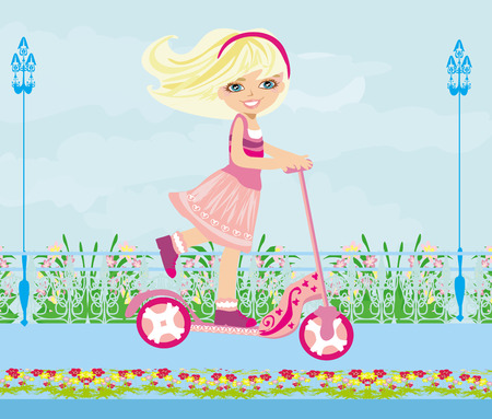 Little blonde girl riding a scooter のイラスト素材