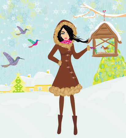 girl feeds the birds in winter のイラスト素材