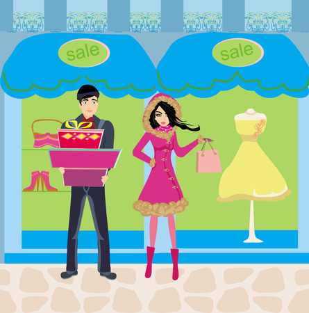 couple on shopping - Winter SALES のイラスト素材