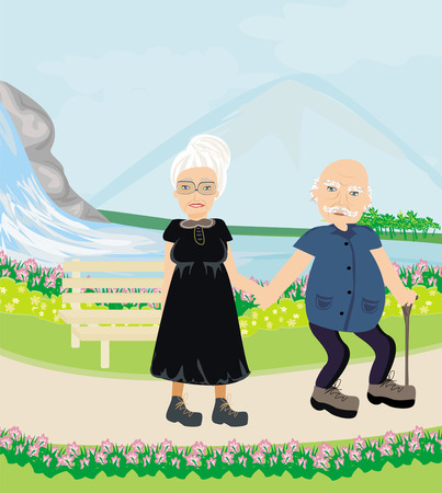Senior couple walking in sunny dayのイラスト素材