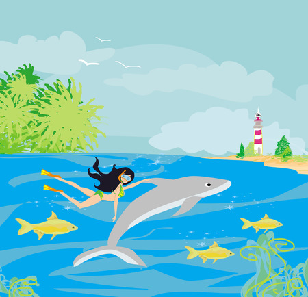 The girl-diver floats together with a dolphin のイラスト素材